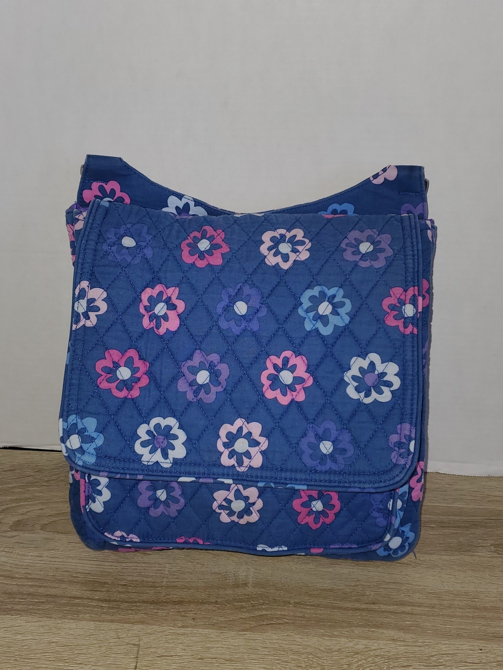 Vera Bradley Bloom Berry Crossbody Bag in Blue with Pink and Purple Floral Print